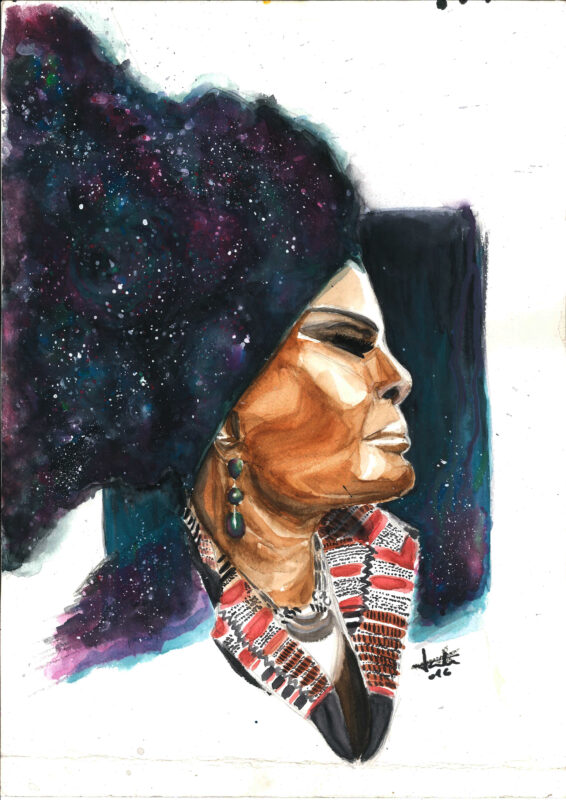 Retrato artístico de Elza Soares com turbante de galáxia e texturas cósmicas, obra da Ori Lab83 simbolizando a transição da dor em poder.