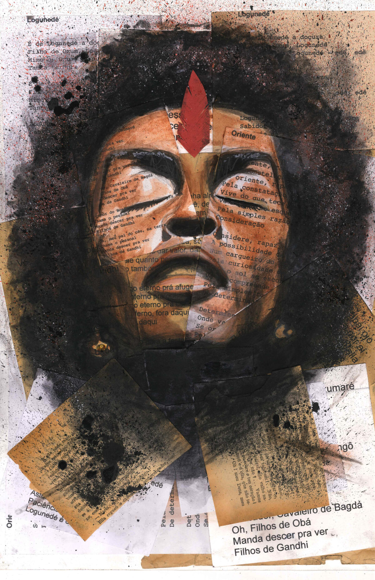 Retrato de Gilberto Gil em aquarela e carvão sobre colagens de letras de música, destacando sua conexão espiritual e ancestralidade, obra da Ori Lab83.