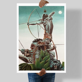 "Print da obra original de Oxóssi da Ori Lab83, representando o Orixá com arco e flecha (ofá) em tons de verde e terrosos, sob a luz da lua cheia. Reprodução fiel de pintura em óleo sobre tela."