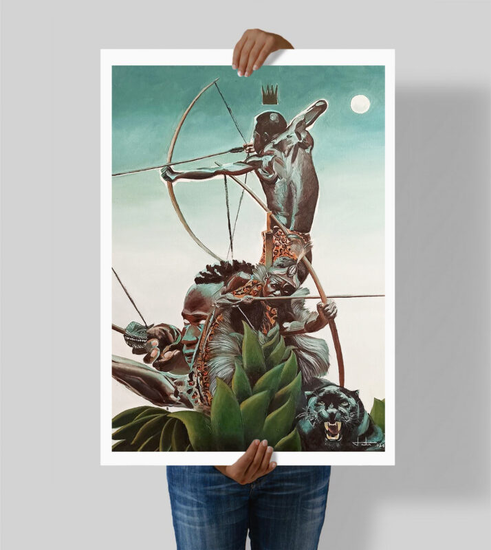"Print da obra original de Oxóssi da Ori Lab83, representando o Orixá com arco e flecha (ofá) em tons de verde e terrosos, sob a luz da lua cheia. Reprodução fiel de pintura em óleo sobre tela."